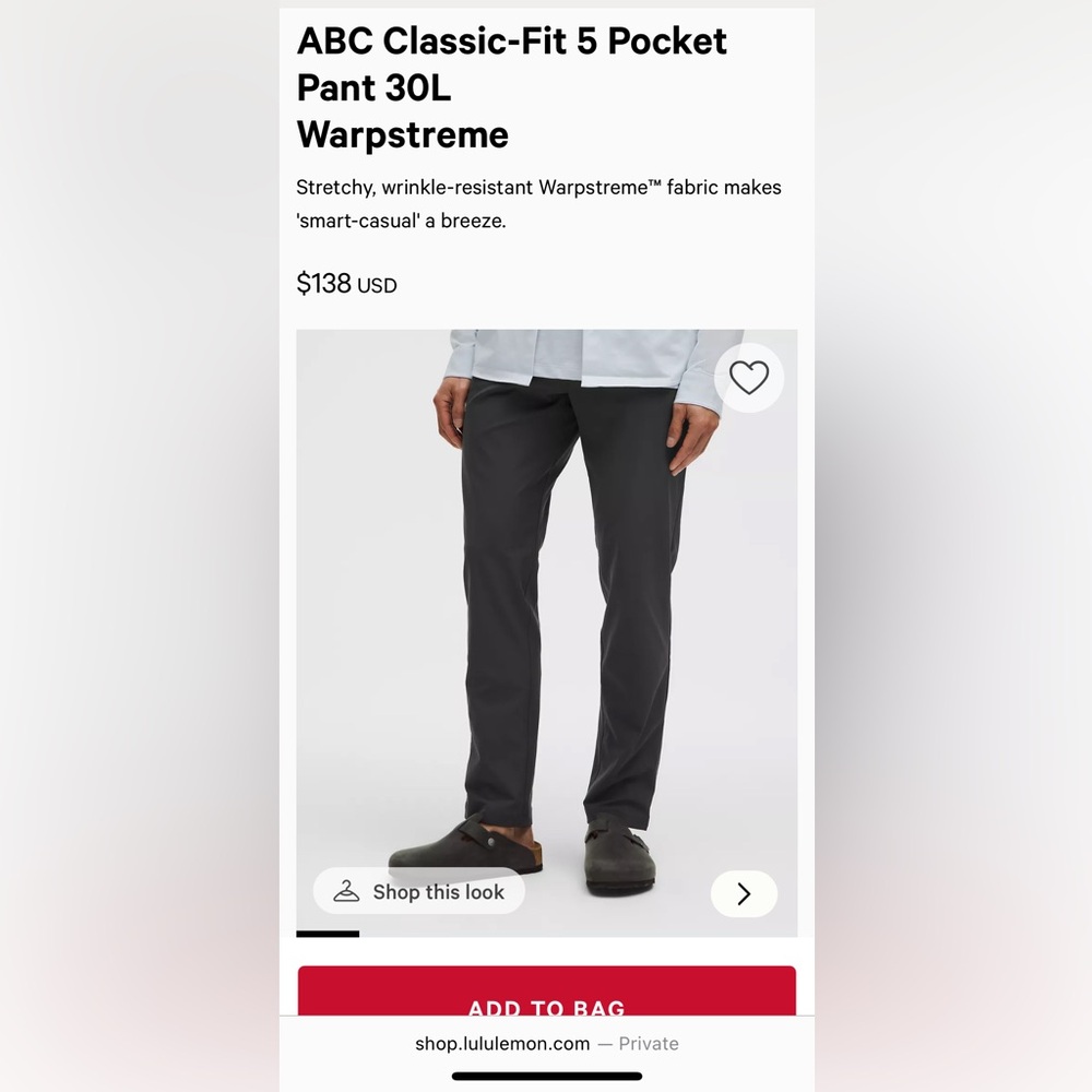 Men's Lululemon ABC Classic-Fit 5 Pocket Pant size 33x30 in Warpstreme